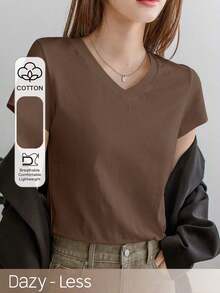 Camiseta de mujer de unicolor con cuello en V y manga corta, estilo de negocios casual de verano "Old Money" para ropa de trabajo de mujer - Café integral - Ver 1