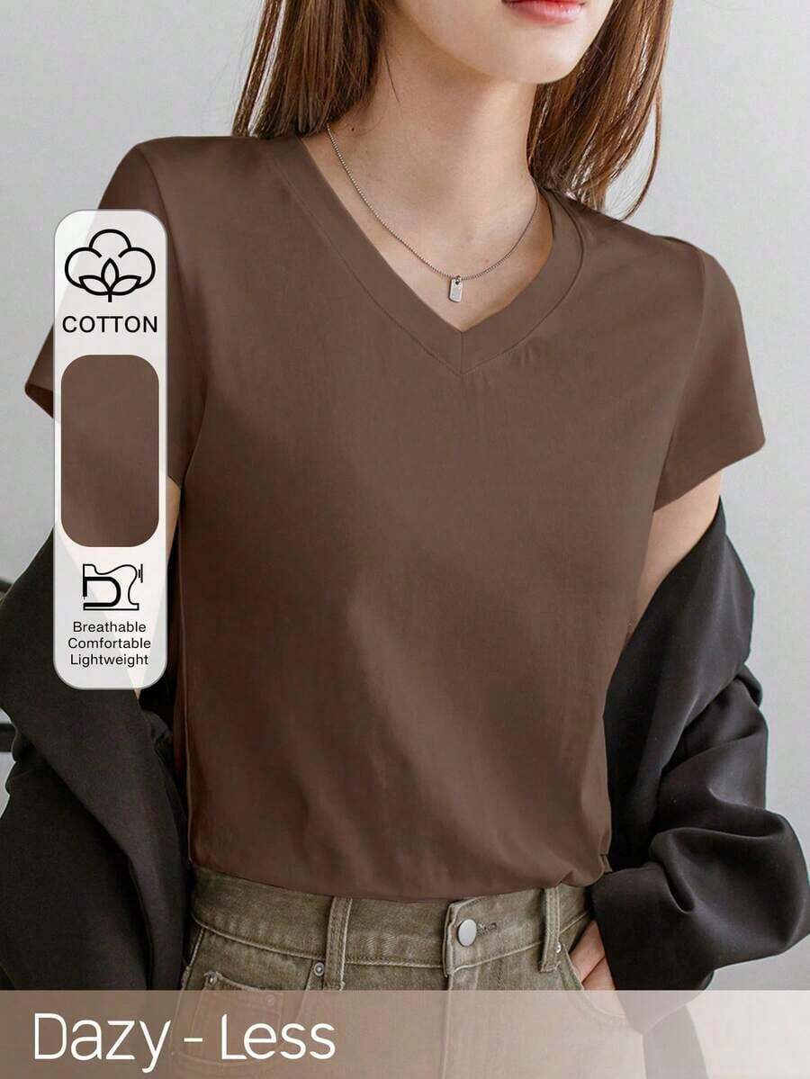 Camiseta de mujer de unicolor con cuello en V y manga corta, estilo de negocios casual de verano "Old Money" para ropa de trabajo de mujer - Café integral - Ver 1
