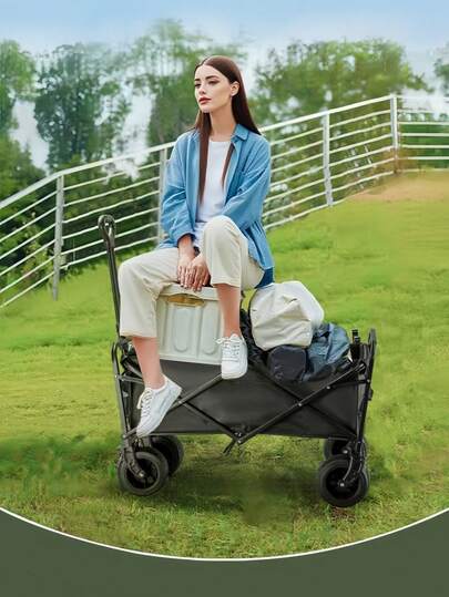 Black Foldable Outdoor Wagon - Solid Tires + 360° Swivel Wheels, 330lbs Capacity. 600D Tear-Resistant Fabric, Multipurpose Portable Hand Truck Suitable For Camping, Gardening, Beach Shopping. The Ultimate Solution For Outdoor Camping/Vacation/Adventure Shopping