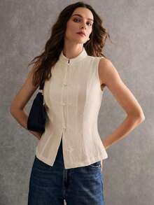 de mujer de estilo chino casual de verano con cuello de cheongsam, botones y textura de unicolor - Albaricoque - Ver 6