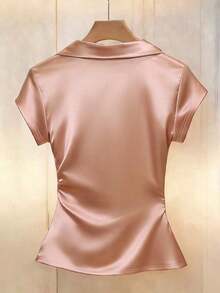 de verano elegante para mujer con cuello en V, mangas cortas y drapeado, unicolor, top de satén blanco para fiestas, salidas a la playa y eventos - Rosa - Ver 2