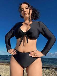 Conjunto de traje de baño con manga larga, cuello en V y lazo para tallas grandes - Negro - Ver 5
