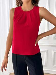 Clasi Blusa sin mangas con detalle de pliegues y escote de ojo de cerradura, blusas sin mangas - Rojo - Ver 4