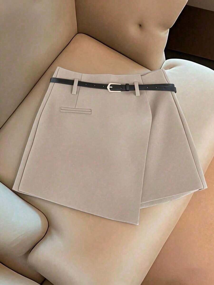 Pantalones con falda asimétrica de moda casual para ir al trabajo, pantalones cortos multifuncionales para mujer sin cinturón, pantalones con falda asimétrica a juego sin cinturón, falda asimétrica, falda con dobladillo asimétrico, falda pantalón - Granada - Ver 1
