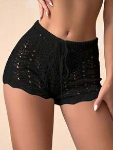 Shorts de cobertura con cintura con cordón y diseño hueco para mujer, ideales para vacaciones - Negro - Ver 6