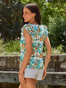 Camisa casual versátil de uso diario con estampado floral y pliegues para mujer - Agua verde azul - Ver 6