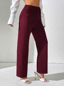Pantalones rectos de cintura alta de unicolor casual para mujer - Burdeos - Ver 3