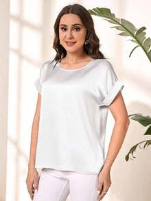 Blusa suelta elegante de verano para mujer con cuello redondo, mangas cortas tipo murciélago y unicolor - Blusas de manga corta - Blanco - Ver 3