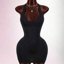Y2K Sexy  Women's Solid Color Deep V-Neck Sexy Backless Mini Dress Summer Dresses For Women Spring Outfit Women Valentine Outfits For Women Party Dress Racerback Open Backless Sleeveless V-Neck Heart-Shaped Bust Mini Bodycon Dress Sexy Curve Dress White Sexy Dress Women Built In Bra Dress White Club Dress White Bodycon Dress - Negro - Ver 1