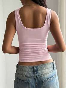Camiseta sin mangas ajustada de unicolor con cuello cuadrado para mujer , Chaleco de unicolor minimalista y retro, Camiseta de punto sin espalda de moda de verano, Versátil y casual, Adecuado para el trabajo y el transporte - Rosa - Ver 2