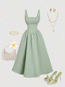 Vestido elegante de longitud media sin mangas con diseño de cintura plisada y unicolor para mujer - Verde pastel - Ver 5
