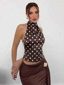 Camiseta sin espalda con cuello alto y cordón en el bajo, color marrón, para mujer, para fiesta y eventos de otoño/invierno - Café integral - Ver 4
