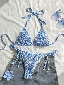 Swim Mod Conjunto de bikini sexy para mujer con estampado floral de verano, copa push-up y cuello halter con lazo - Multicolor 2 - Ver 5