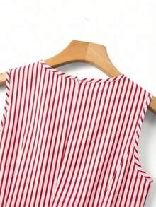 Vestido de línea A con cintura ceñida, decorado con lazo, a rayas azul y blanco, adecuado para la escuela, picnic de fin de semana, salida casual con amigos, de estilo fresco y dulce - Rojo y blanco - Ver 4