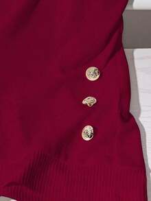 Camiseta casual de verano de unicolor para mujer, versátil, con decoración de botones - Rojo - Ver 4
