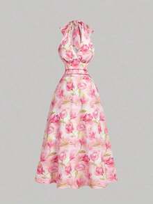 Vestido de mujer de moda con estampado total, cuello halter y lazo en la cintura, de largo medio - Rosa 2 - Ver 4