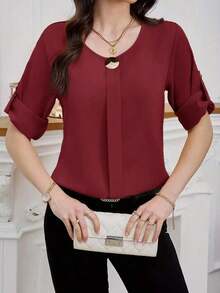Clasi Blusa casual sencilla para uso diario con cuello redondo, manga corta y botones delanteros para mujer - Burdeos - Ver 3