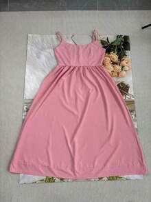 Vestido de fiesta elegante de verano con cuello en U, drapeado y bajo acampanado de unicolor - Rosa - Ver 5
