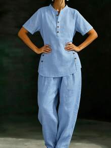 Two-Piece Linen Set With Comfortable And Casual Button-Down Shirt And Wide-Leg Trousers - 天藍色 - 查看 3