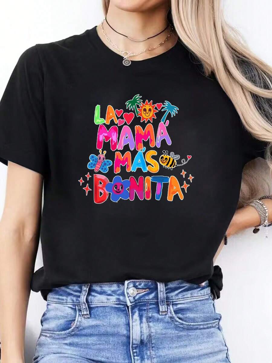Playera deportiva casual para mujer, cuello redondo, manga corta, estampado de letras españolas coloridas, para primavera y verano. - Negro - Ver 1