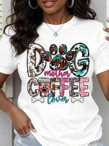 Women's Casual T-Shirts,Women Round Neck T Shirt Dog Mother Coffee Lover Printed Short Sleeve Casual Tee For Daily Wear And Pet Lovers Outfits,Women's T-Shirt, Y2K Style, Summer Fashion Tees, Streetwear Casual Sets and Tops - Blanco - Ver 6