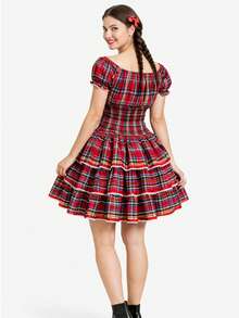 Vestido Festa Junina Juvenil Adulto Vermelho Preto São João Caipira Xadrez Quadrilha - Vermelho - Visão 7