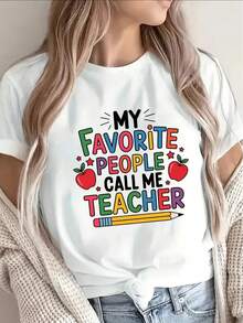 Short-Sleeved Polyester T-Shirt For Teachers, Printed With "My Favorite People Call Me Teacher", Casual Wear For Office Or Home, Lightweight And Durable Design, Fun Gift For Educators - [白色的] - 查看 6