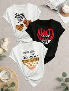 Women's T-Shirt 2026, Set Of 3 Three Styles, Animal Print T-Shirt For Valentine's Day, Women's Couple T-Shirt With Black And White Pattern, Casual Weekend Wear, New Fashion Printed T-Shirt For Spring And Autumn, Soft And Comfortable, Y2K Style With Full Print, Comfortable Fabric. - 黑色 - 查看 6