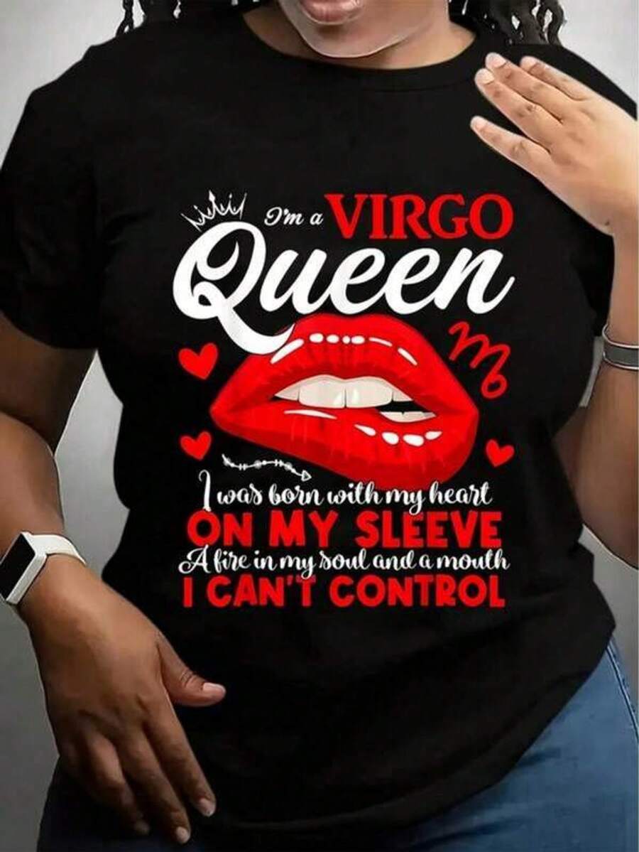 Camiseta gráfica de la Reina Virgo del Zodíaco - Diseño de labios rojos intensos y corona con la frase "Nacida con corazón" en la manga.