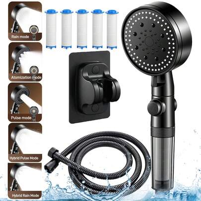 Tatukiko Vòi sen cao áp có bộ lọc, 5 chế độ phun, vòi sen cầm tay có công tắc bật/tắt, đầu vòi sen tiết kiệm nước có thể tháo rời, kèm 5 lõi lọc thay thế, ống dẫn và giá đỡ cho phòng tắm.
