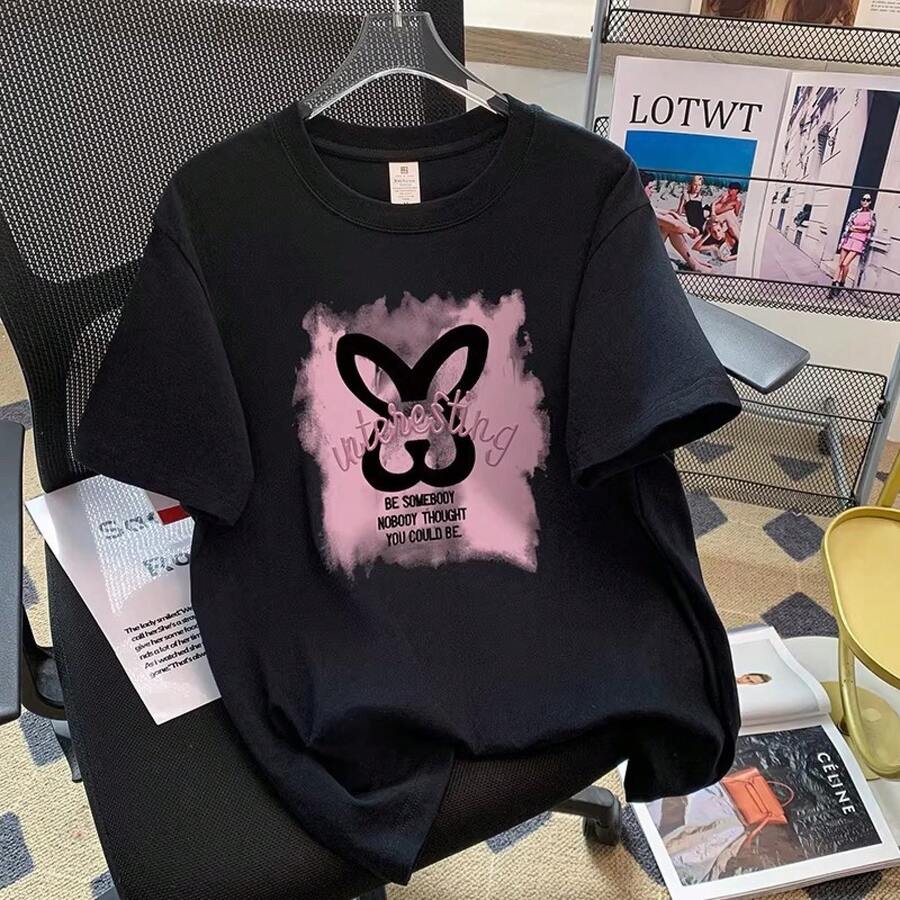 Women's Casual Printed T-Shirt, Short Sleeves, Round Neck, Spring/Summer Urban Fashion Unisex T-Shirt. UVSU - 708黑色 - 查看 1