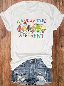 Casual T-Shirt. It's OK To Be Different. Cartoon Fruit Print. Everyday T-Shirt. Crew Neck. Comfortable And Soft Sweater. Women's T-Shirt. 100% Cotton. Durable. - 白色 - 查看 1