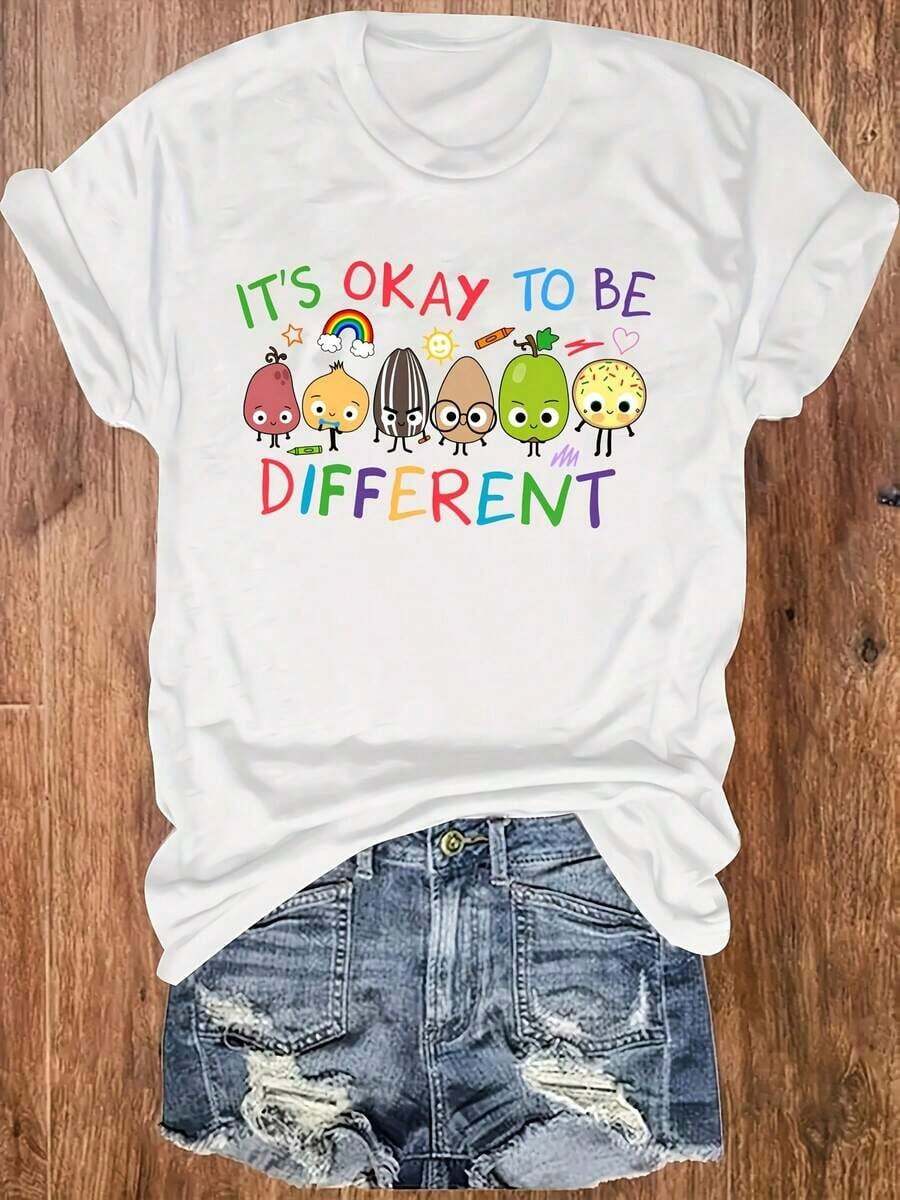 Casual T-Shirt. It's OK To Be Different. Cartoon Fruit Print. Everyday T-Shirt. Crew Neck. Comfortable And Soft Sweater. Women's T-Shirt. 100% Cotton. Durable. - 白色 - 查看 1