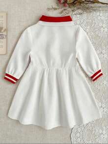 Young Girl Cherry Print Polo Collar Dress - White - View 3