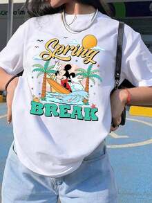 New 2026 Collection: Cotton T-Shirt, Women's Black Cotton Casual T-Shirt, Regular Fit, Round Neck, Short Sleeve, With Spring Break Graphic Print, Breathable And Lightweight, Suitable For Sports And Leisure, For Gifts, Suitable For Parties. - 白色 - 查看 1