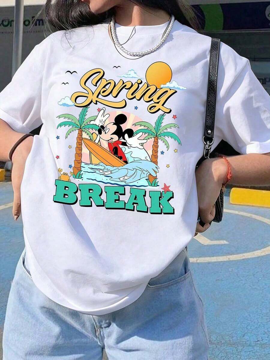 New 2026 Collection: Cotton T-Shirt, Women's Black Cotton Casual T-Shirt, Regular Fit, Round Neck, Short Sleeve, With Spring Break Graphic Print, Breathable And Lightweight, Suitable For Sports And Leisure, For Gifts, Suitable For Parties. - 白色 - 查看 1