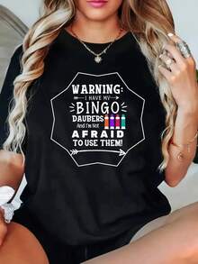 Camiseta casual de cuello redondo de talla grande con gráfico de marcadores de bingo, tejido de punto de poliéster con patrón geométrico, jersey de manga corta con ligero estiramiento - Colección primavera/verano - Negro - Ver 6