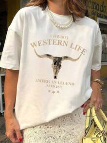 Comfortable "Western Cowboy Horn" Pattern, Comfortable Retro Style, Suitable For Everyday Wear - Retro Casual Top, Soft And Stretchy Round Neck, Suitable For Spring, Summer And Autumn, Women's Casual Shirt; Women's T-Shirt; Women's Spring And Summer Clothing; Loose And Versatile Short-Sleeved T-Shirt For Women - 白色的 - 查看 3
