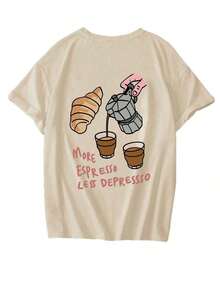 Nueva Camiseta de Verano Minimalista con Estampado de Café y Croissant, Cuello Redondo, Manga Corta, Estilo Casual, Blusa Versátil y Elegante para Mujer, Blanca, Estilo Vintage Urbano, Unisex, Holgada, de Algodón, Manga Corta, Cuello Redondo, Blusas para mujer. blusas.blusas casuales para dama. - Albaricoque - Ver 4