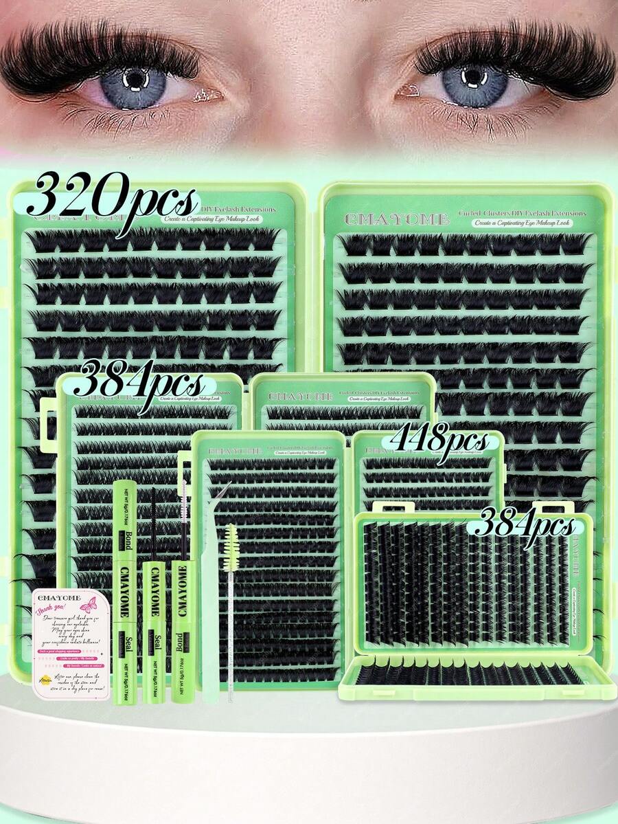 320/384/448簇可重复使用高容量多规格3D仿貂毛假睫毛，眼尾延长，猫眼妆，日韩系列，与偶像睫毛相同，单簇睫毛，睫毛，包含化妆工具胶水、封口贴、镊子、刷子，适合初学者使用，日常通勤妆容，适合各种眼型，各种妆容，度假，夏季必备，旅行，节日，婚礼，万圣节，圣诞节。