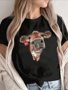 Camiseta de manga corta, ligera y duradera, hecha de tela con estampado de vaca, perfecta para uso casual en casa, en cafeterías o al aire libre, ofreciendo un ajuste cómodo para el uso diario. - Negro - Ver 7