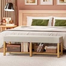 140 Cm Solid Wood Shoe Bench, Modern Hallway Bench With Upholstered Seat For Two People, Natural Wood And Cream White - Beige - View 3