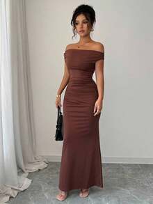 Women's Fitted Party Dress With Off-The-Shoulder Design And Elegant Metallic Details - Brown - View 6