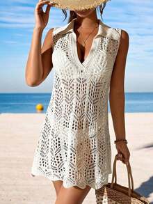 Cubre vestido de punto calado de unicolor para mujer, para el verano - Albaricoque 2 - Ver 4