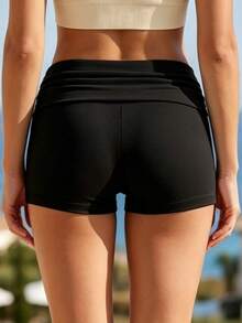 Women Fold Over Waist Shorts Fashionable Solid Color Low Rise Slim Fit Mini Shorts For Beach Daily Wear - 黑色 - 查看 2