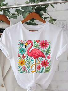1 Piece Women's Short Sleeve Sports T-Shirt With Flamingo And Flower Graphic Print - Vibrant Pink And Green On Dark Gray, Casual Short Sleeve Crew Neck T-Shirt, Breathable For Summer And Spring, Machine Washable, 180g 100% Cotton. - 白色 - 查看 6
