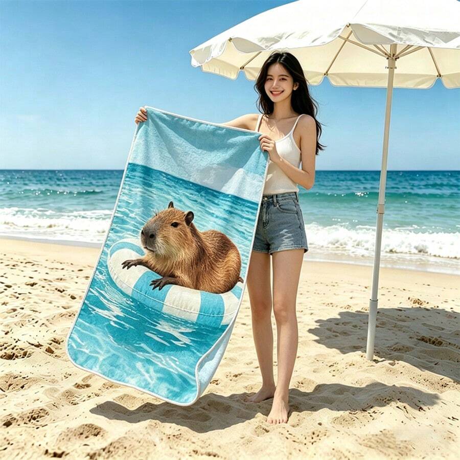 1pc Capybara Print Beach Towel - Soft, Lightweight, Sand-Free, Ultra-Absorbent Microfiber For Travel, Swimming, Surfing, Yoga, Camping, And Beach Accessories, Beach Blanket - Baby Blue - View 1