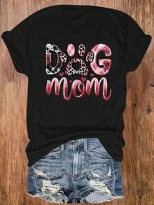 Dog Mom T-Shirt - Pink Checkered With Paw Prints And Hearts, Leopard Print, Suitable For Dog Lovers, Moms, Casual Crew Neck, Machine Washable T-Shirt For Casual Wear And All Year Round Clothing - 黑色 - 查看 1