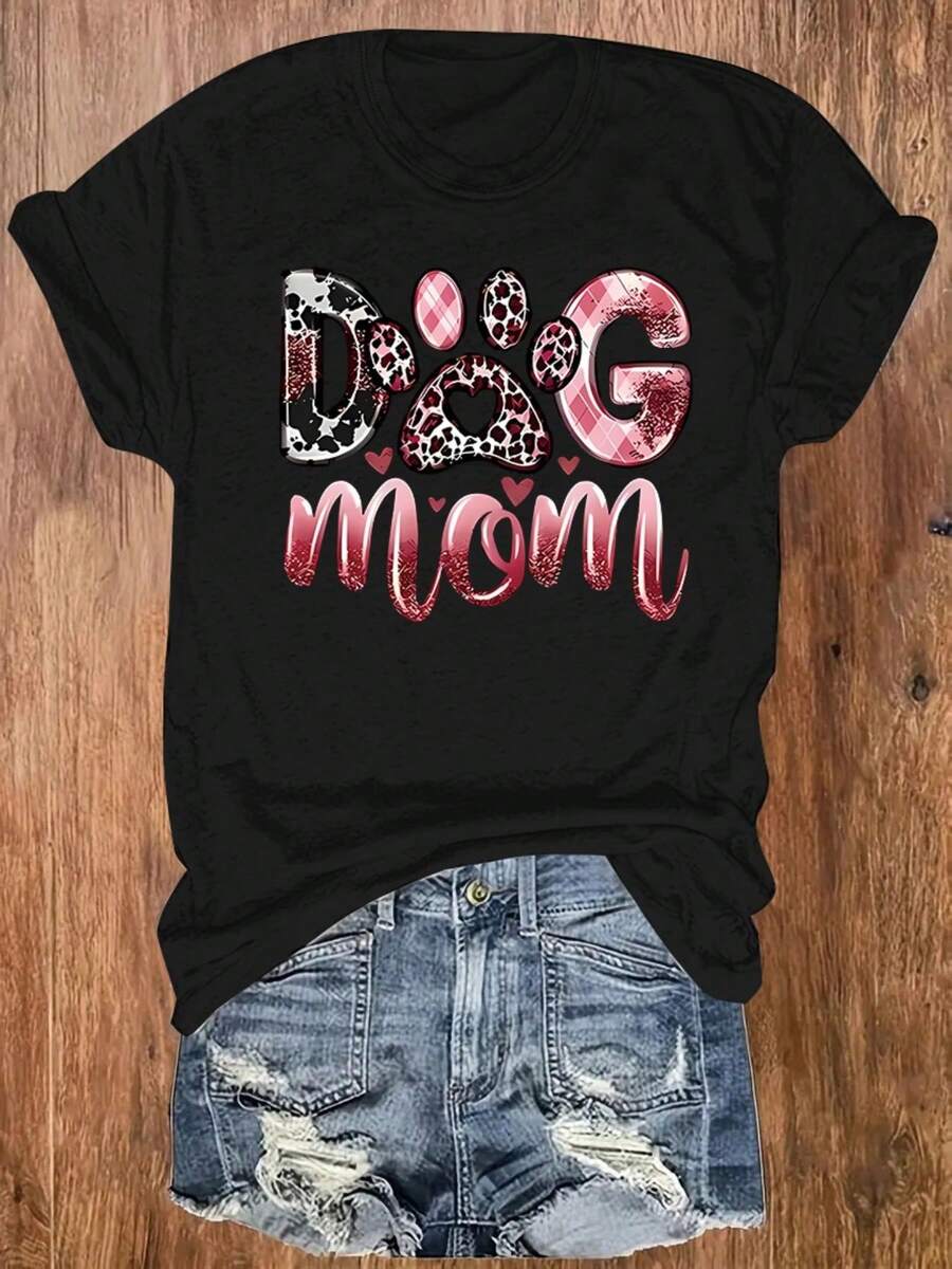 Dog Mom T-Shirt - Pink Checkered With Paw Prints And Hearts, Leopard Print, Suitable For Dog Lovers, Moms, Casual Crew Neck, Machine Washable T-Shirt For Casual Wear And All Year Round Clothing - 黑色 - 查看 1