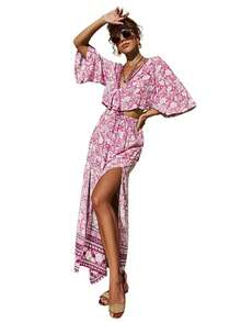 Vestido de mujer color azul con estampado floral tropical, escote en V profundo, manga media con cinturón, falda larga con abertura lateral, tejido ligero ideal para verano, estilo boho playero perfecto para vacaciones, fiestas en la playa y festivales - Rosa - Ver 3